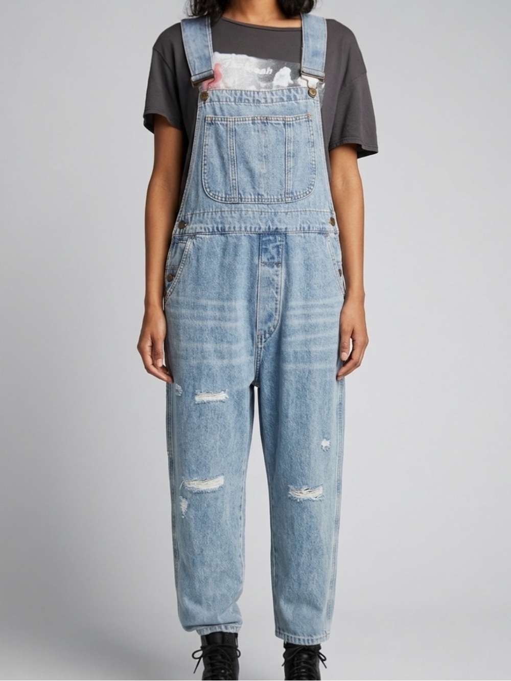 Free People x Sandrine Rose Distressed Denim Overalls Relaxed Fit Size M NWT